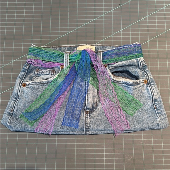 Denim Mini Skirt clutch bag/purse with Colorful Lace Accents - Picture 1 of 5